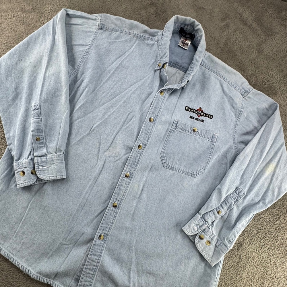House of Blues Denim Shirt Mens Large Light Blue Good New Orleans Embroidered L